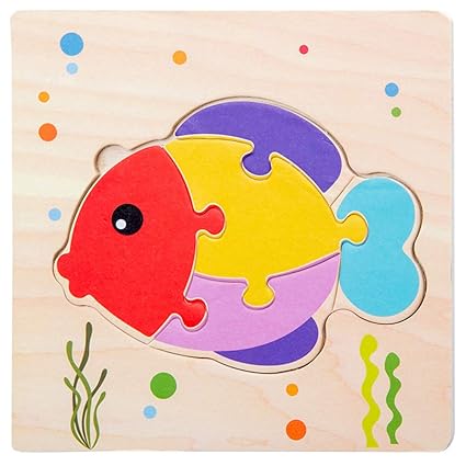 Leoie Baby Toys Wooden Puzzle Cute Cartoon Animal Intelligence Kids Educational Brain Teaser Tangram Children Jigsaw Gifts Fish