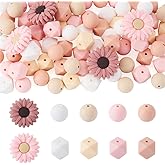 Beadthoven 23Pcs Sunflower Silicone Focal Beads for Pen, 15mm Round Rubber Loose Beads 14mm Octagon Spacer Bead for DIY Bracelet Necklace Earring Keychain Jewelry Making, Old Rose
