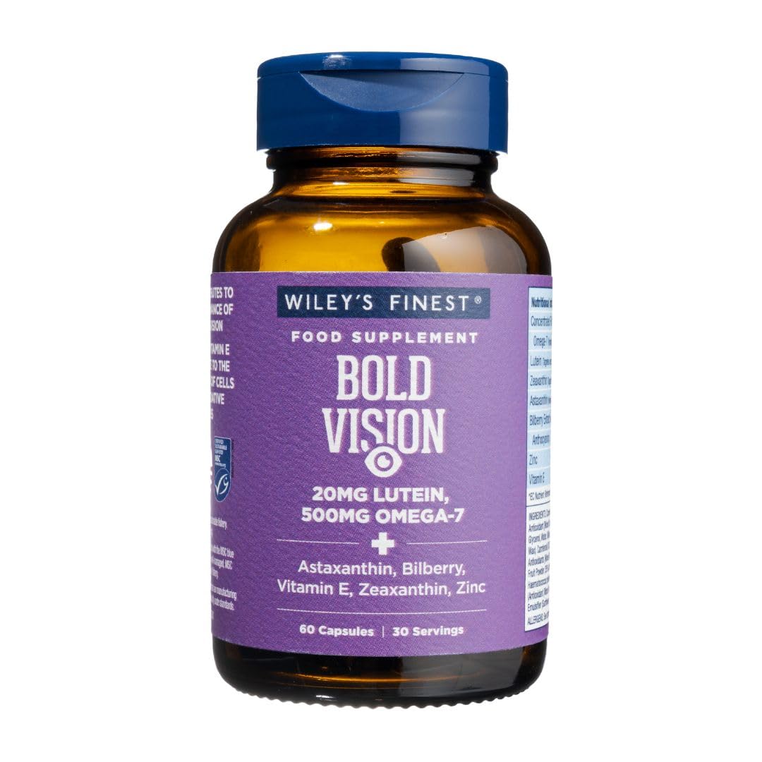 Wiley's Finest Wild Alaskan Fish Oil Bold Vision - Fish Oil Eye Health Supplement with Lutein, Zeaxanthin, Bilberry, Omega-7, Vitamin E, and Zinc - 60 Softgels (30 Servings)