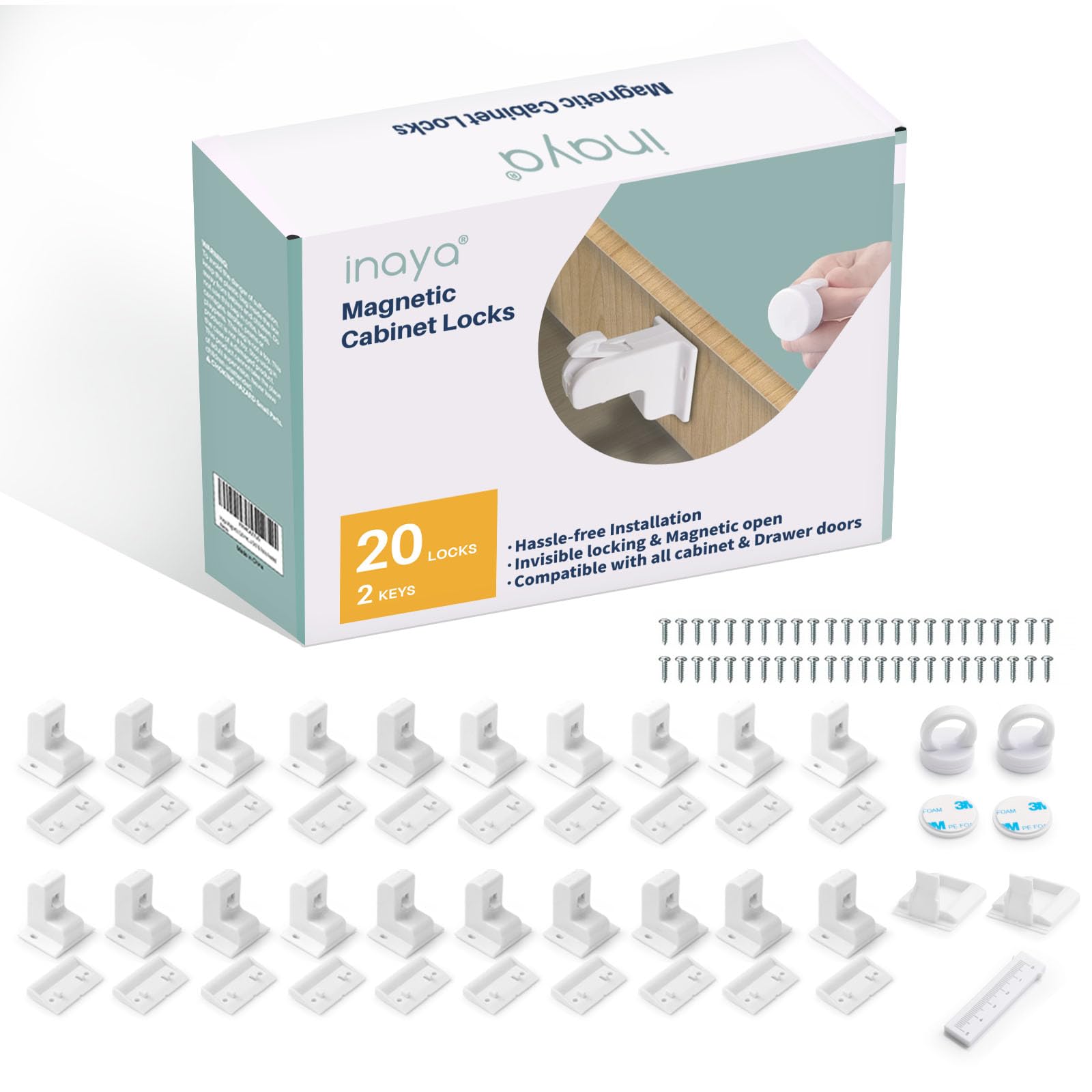 Photo 1 of Inaya Magnetic Cabinet Locks Baby Proofing (20 Locks & 2 Keys), Child Safety Magnet Locks for Cabinets & Drawers with Invisible Design, 3M Adhesive for Easy Installation - No Drill & Tool Needed