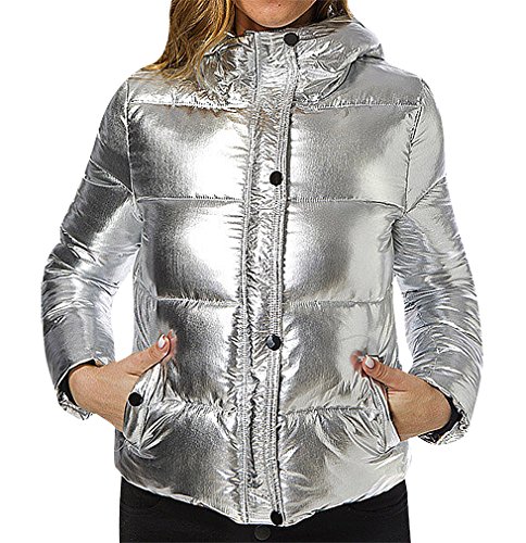 BLady Women's Silver Metallic Zipped Quilted Hooded Short Thick Winter Jacket, Silver M,Manufacturer(XL)