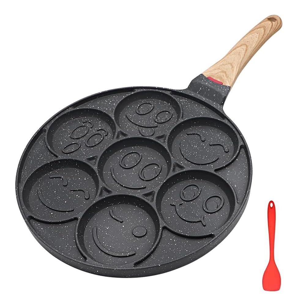 Bobikuke Pancake Pan Induction, Smiley Face Pancake Frying Pan Non Stick, 7 Holes Mini Pancake Maker for Kids 26cm - Black