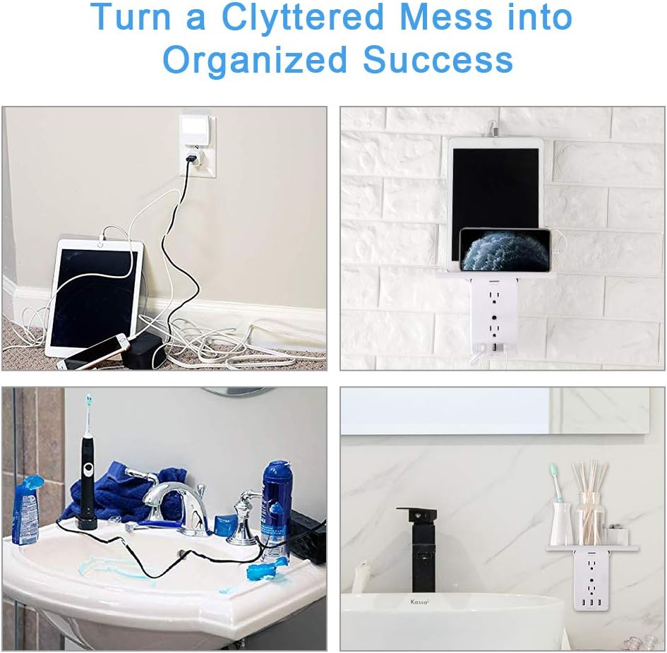 Power Charger Shelf-CFMASTER 11 Port Surge Protector Wall Outlet, 8 Electrical Outlet Extenders and 3 USB Ports 3.4A, with Removable Built-In Shelf and LED Indicator, FCC Listed, White - - 