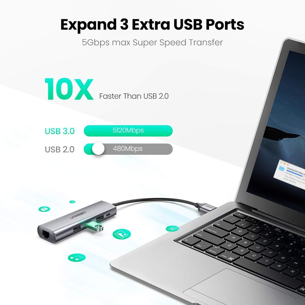 UGREEN USB 3.0 Ethernet Adapter Hub with RJ45 10 100 1000 Gigabit Ethernet Converter LAN Wired Network Adapter 3 Ports USB 3.0 Hub for MacBook iMac Surface Pro Chromebook Laptop PC: Computers & Accessories