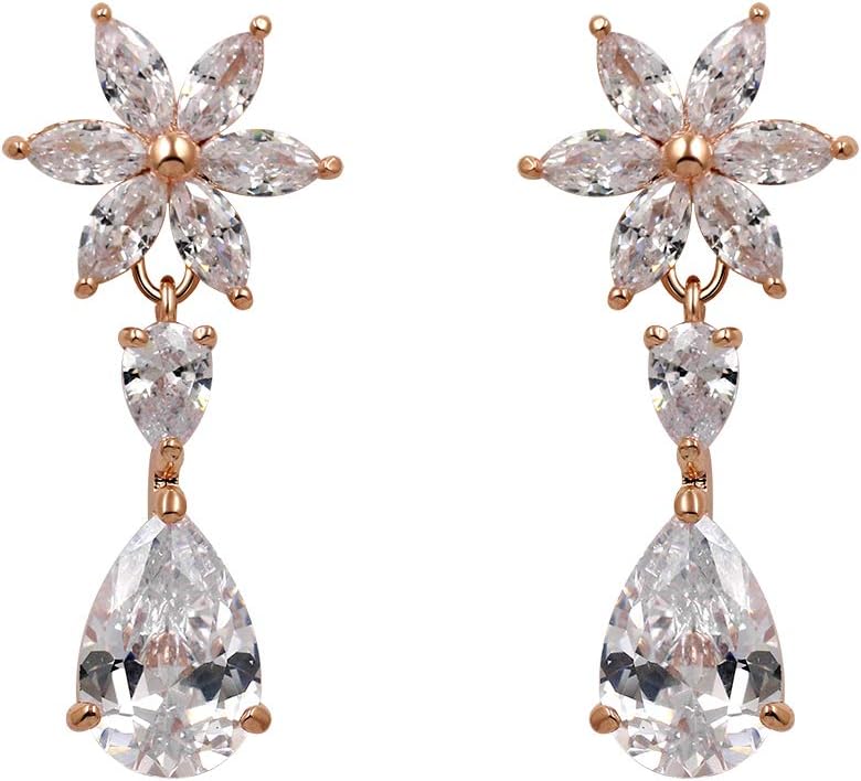 Vintage Marquise Flower Cubic Zirconia CZ Pierced Bridal Teardrop Pear-Shaped Dangle Drop Earrings for Women Brides Wedding