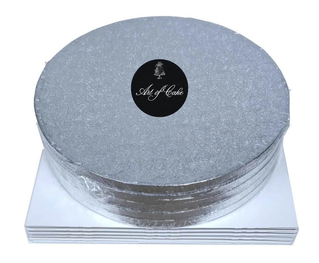 Art of Cake® -Pack of 5, 11 inch round 12mm thick cake board (drum board) and box -Pack of 5 silver, cake boards and boxes 11 inch round