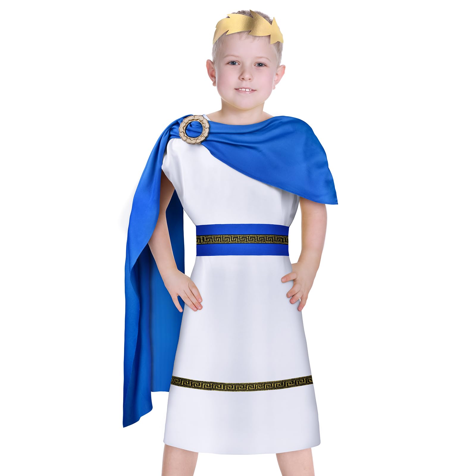 AOOWU Roman Costume for Children, 4 Pieces with Belt and Headpiece, Greek Costumes for Halloween, Carnival, Fancy Dress or Theme Party Cosplay, Blue M