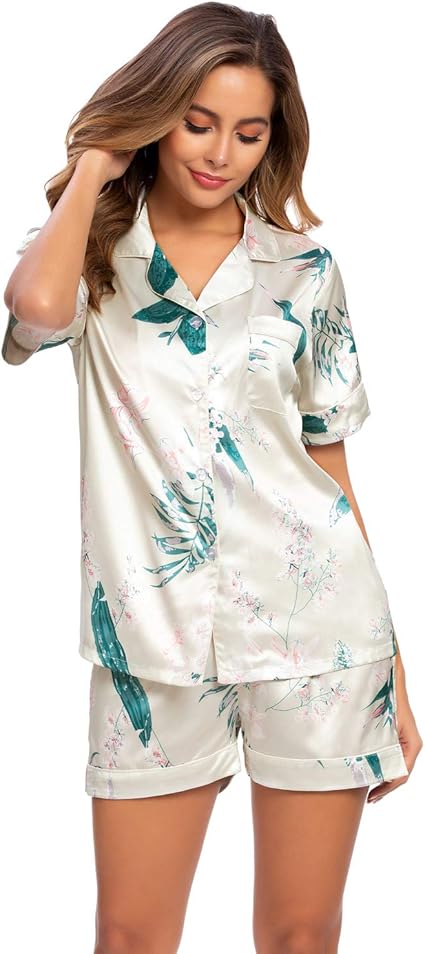 GOSO Damen Satin Pyjama Set - Kurzarm Top & Hose Mit Knopfleiste