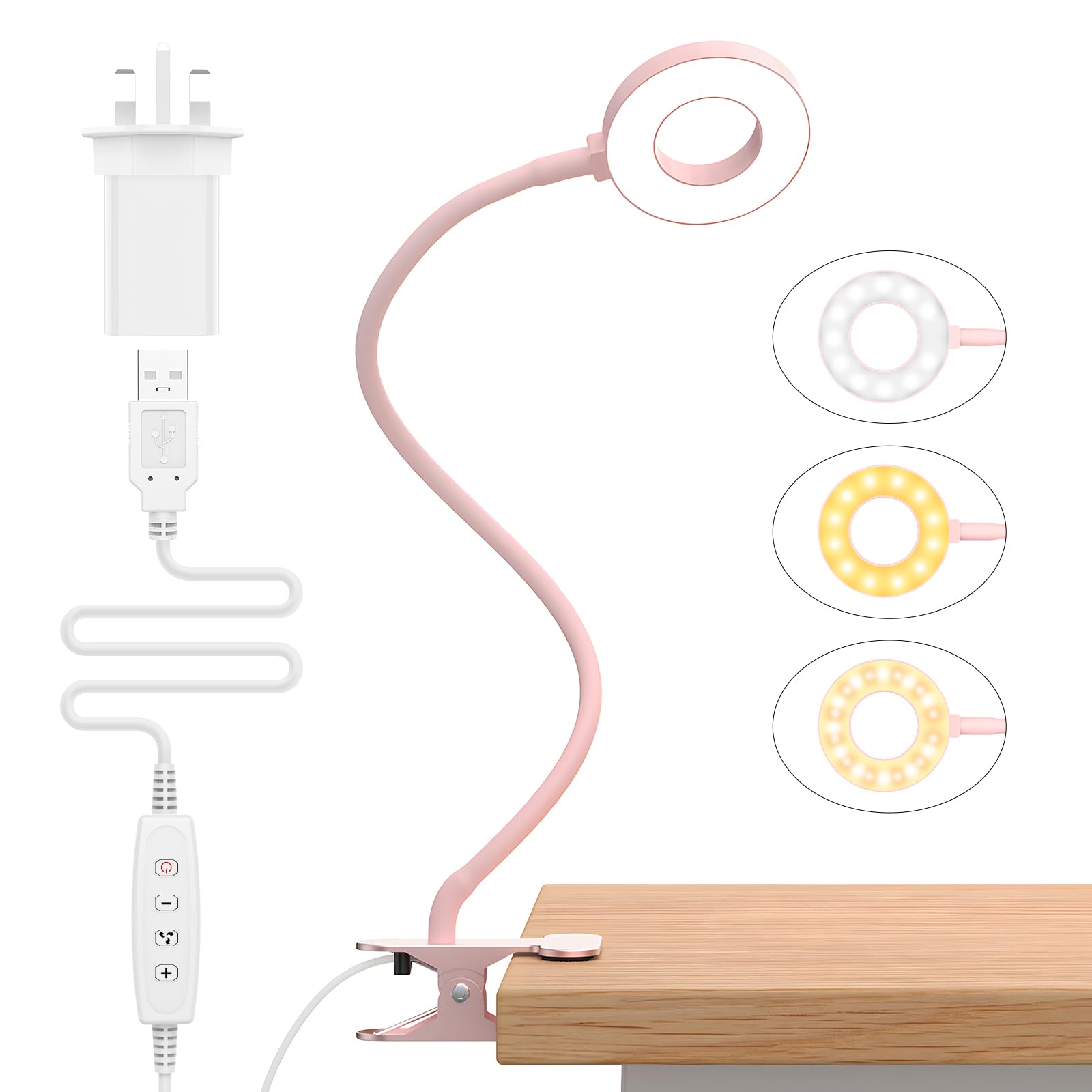 iZELL LED Desk Lamp with USB Adapter【3 Color Modes 10 Brightness】 Eye Caring Clip on Clamp Light, 40cm Flexible Arm Book Ring Light for Gaming/Video Conference/Reading, Clip on Table, Headboard