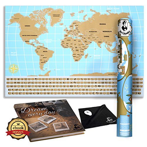 Mr Columbus Scratch Off World Map Poster - with Country Flags, for Travel, Education, and Fun - Perfect to Travelers and Childrenּ+Free Ebook, Scrtcher, Wiping Cloth and Tube