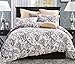 Word of Dream Cotton Duvet Cover Sets King Size, Grey Floral Pattern Printed Soft Comforter Bedding Duvet Cover with Zipper Closure Corner Ties, 3 Piece (1 Duvet Cover + 2 Pillow Shams)