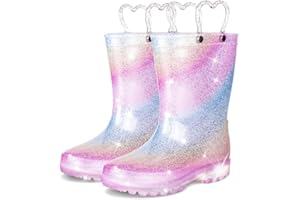 GAWBAW Toddler Rain Boots Kids With Glitter Light up Rain Boots With Easy-on Handles Waterproof For Boys and Girls