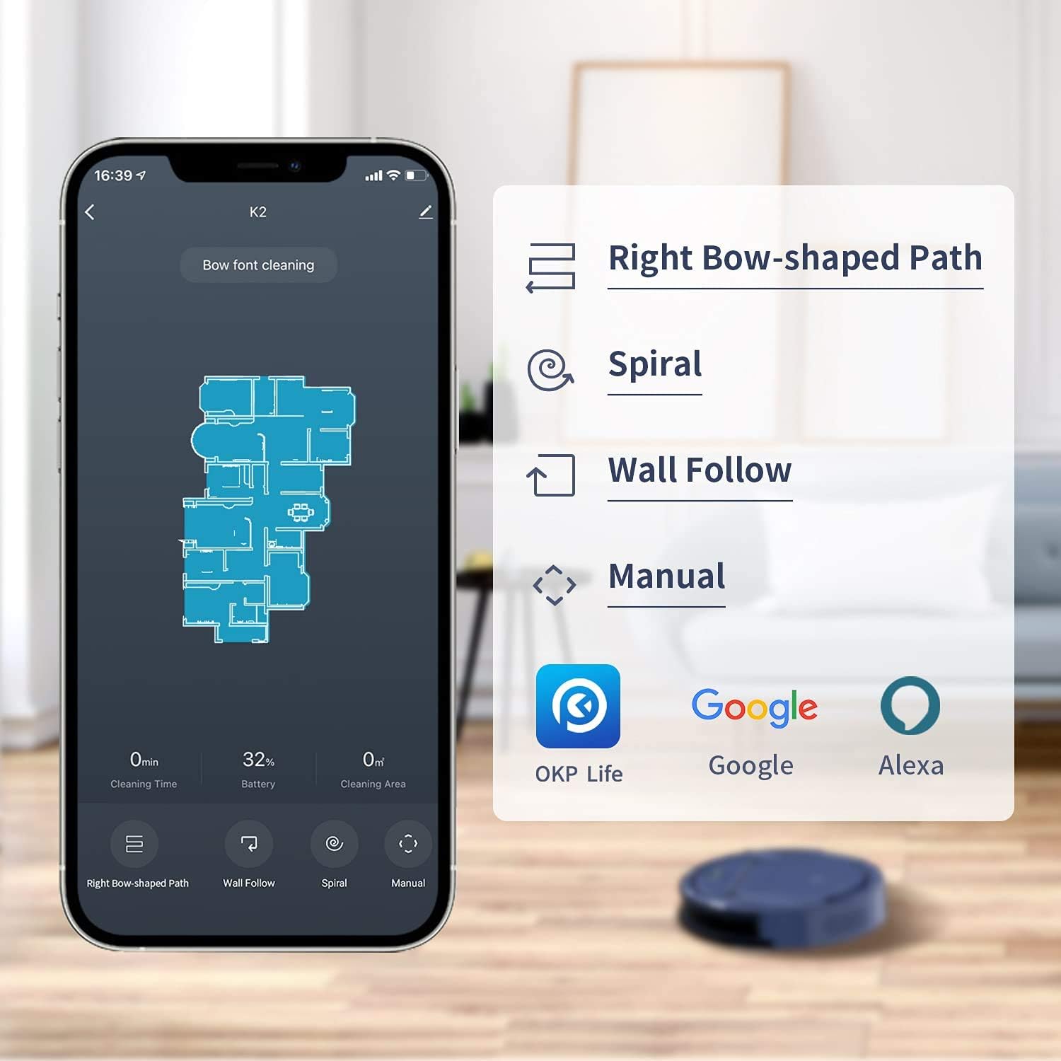 OKP Life K2 Robot Vacuum Cleaner 1800 mAh, Blue -