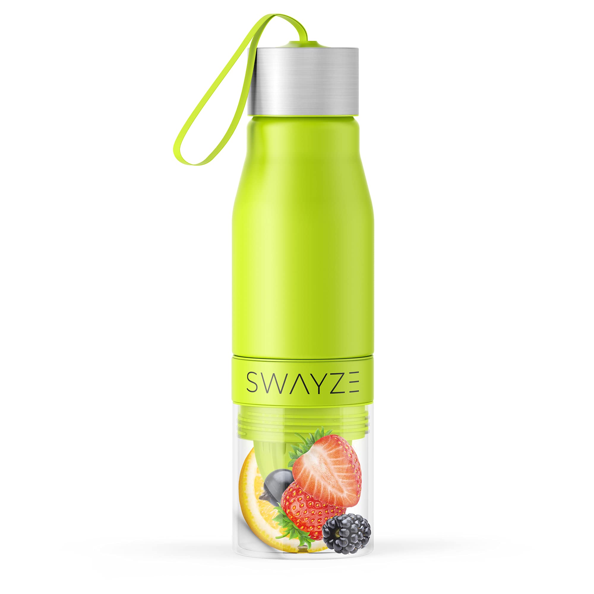 Swayze Water Bottle Fruit Infuser, BPA Free, Infusion Section, Fruit Squeezer Juicer, 650ml Sport Durable Leak Proof Camping Outdoors Detox Healthy Hydration (Green)