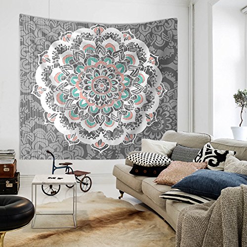 Blue Lotus Mandala Tapestry Wall Hanging Large Grey, Psychedelic Flower Bohemian Hippie Tapestries Wall Decor, 60x80