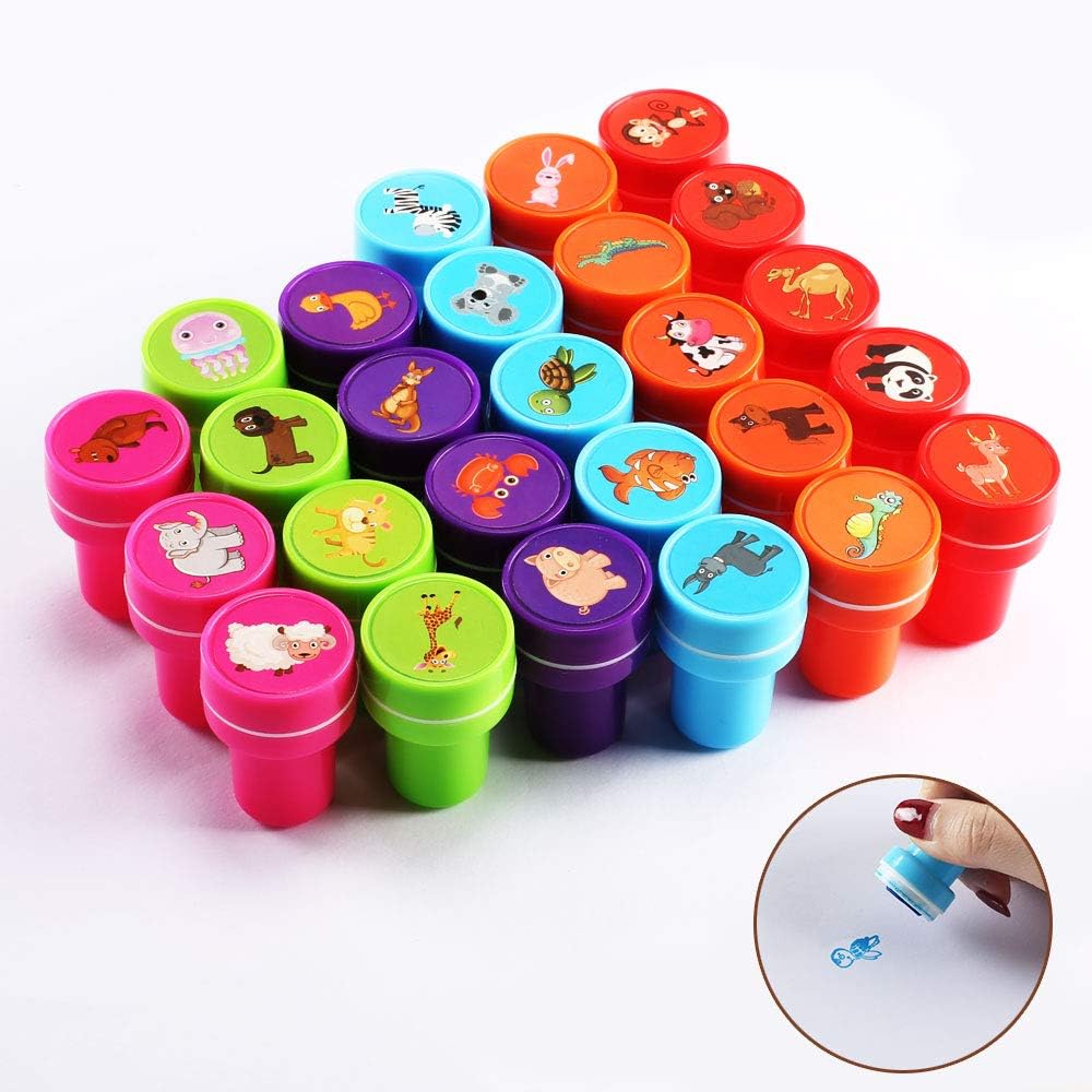KINDPMA Animals Stamps for Kids Children Washable Self-inking Stampers Cute Carton Stamper Sets for Party Bag Fillers Boys/Girls Party Favour Birthday Gifts 26 Pcs