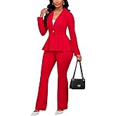 Kafiloe Women Elegant 2 Piece Outfits Solid Long Sleeve Peplum Top Flared Pants Set Dressy Blazer Pant Suits