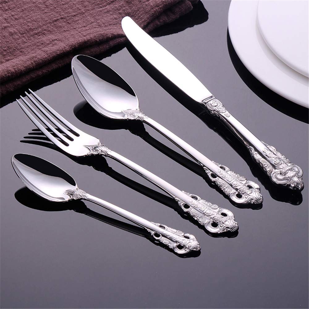 Classic Silver Cutlery Set Stainless Steel Flatware Set Mirror Polish Dinnerware Fork Knife Spoon Durable Stain and Fade Resistant Silverware Wedding Gift 4 Pieces