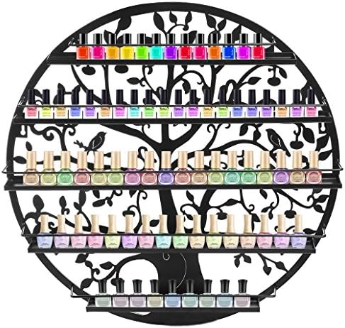 Homevol Metal Wall Nail Polish Rack Holder Tree Bird Silhouette Black Round Mounted 5 Tier Salon Art Display