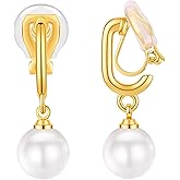 FAN&LOUIS Pearl Clip On Earrings for Women，24K Gold Plated Hypoallergenic Pearl Dangle Drop Women's Non-Pierced Painless Clip-On Earrings