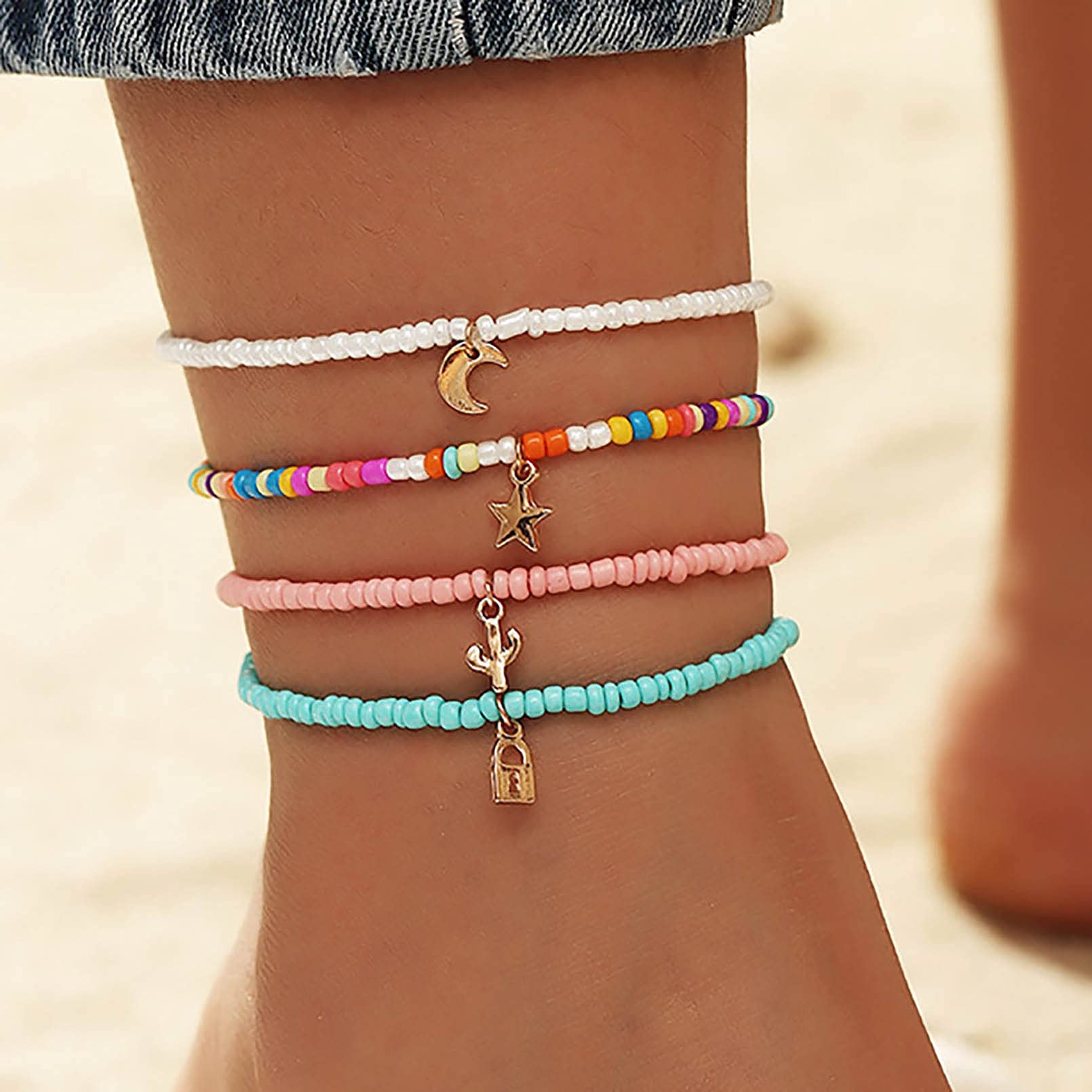 Boho Handmade Beads Multilayered Ankle Bracelets Colorful Women Anklets Moon and Star Pendant Anklet Beaded Bracelet Elastic Foot Jewelry for Summer Beach (4PCS) (Set-1)