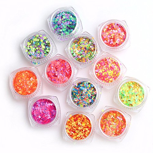 WOKOTO Mixed Colors Iridescent Flakes Nails Round Colorful Nail Glitter Sequins Decals 3D Nail Art Decorations 12 Boxes Set