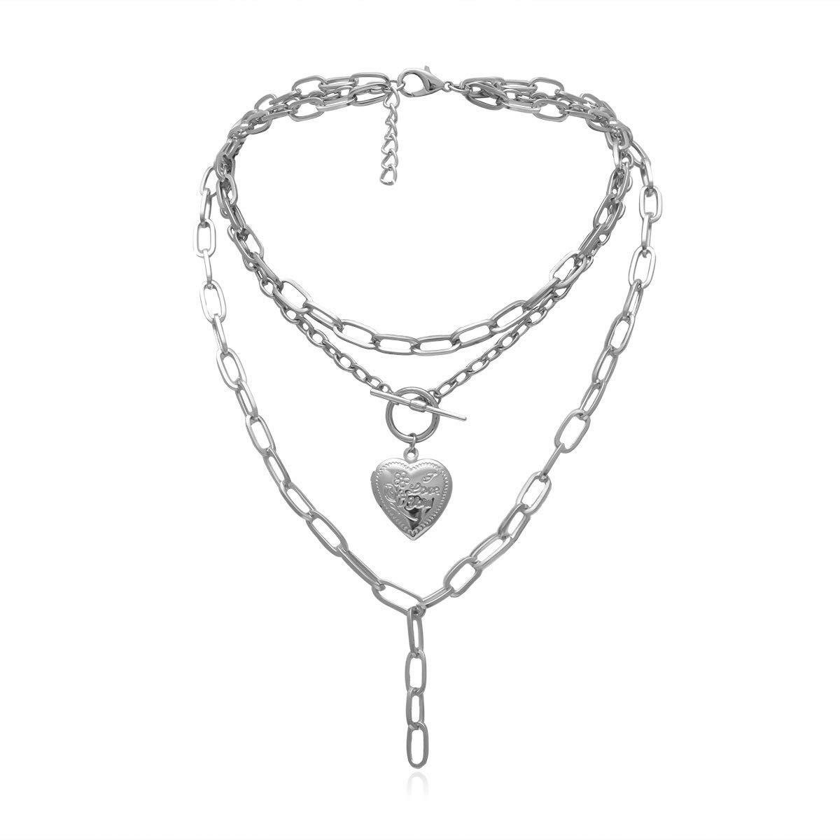 HMOOY Cool Punk Chunky Chain Statement Necklace Heart Shaped Photo Locket Pendant Layered Choker Necklace Jewellery for Women (Silver)