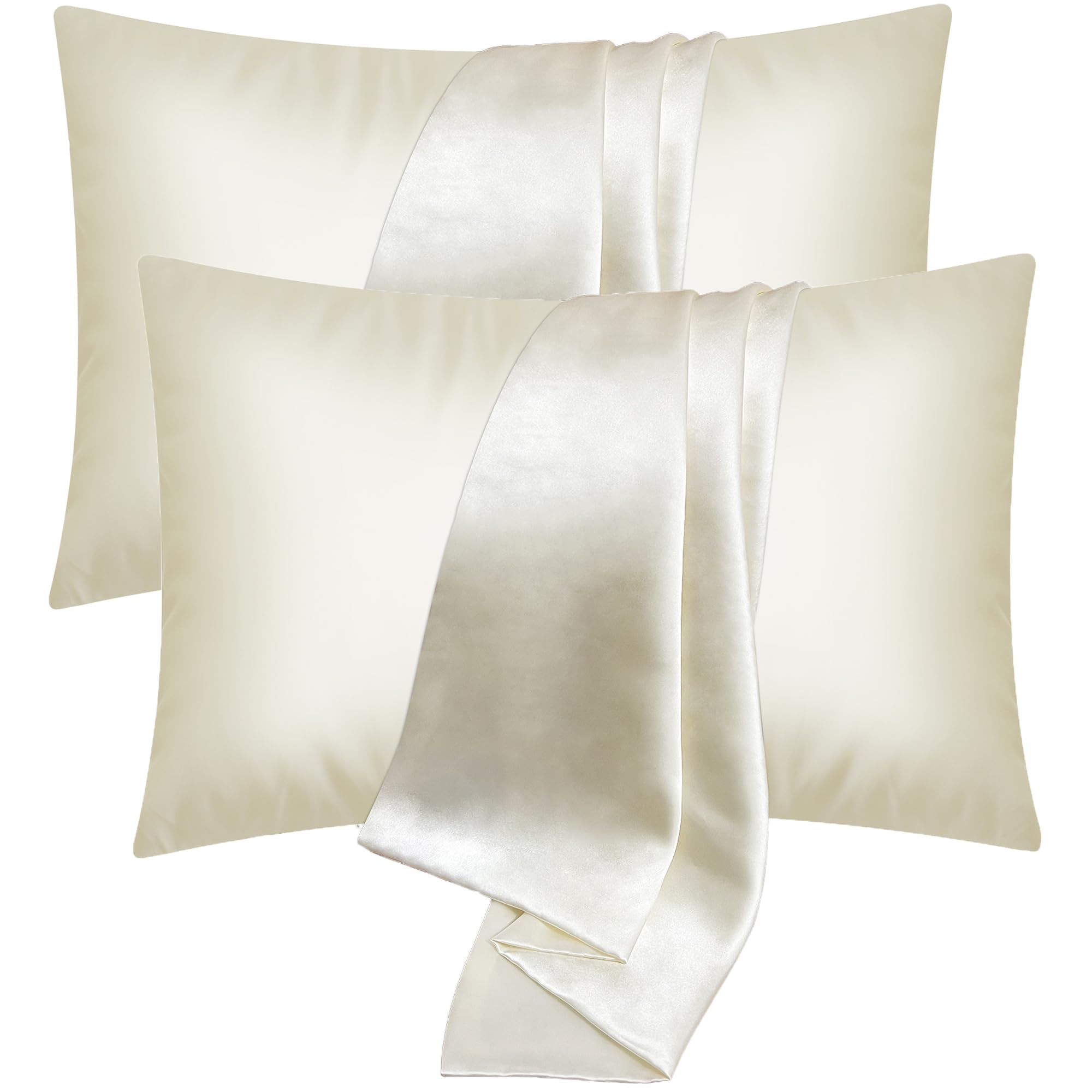UQQU Satin Pillow Cases 2 Pack, Polyester Satin Pillowcase for Hair and Skin, Pillow Cases Standard Size, Super Soft Pillow Case with Envelope Closure (Cream, 50 x 75 cm)