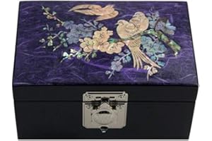 Antique Alive Mother of Pearl Inlay Design Jewelry Box, Wood Jewelry Box, Trinket Case, Keepsake Treasure Chest Box Organizer Holder (Bird Purple)