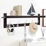 Wonder Comfort Coat Hooks with Shelf Wall-Mounted, Bamboo Hanging Shelf with 5 Double Metal Hooks (Dark Brown)