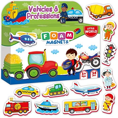 Little World Foam Fridge Magnets for Toddlers Age 1 - Refrigerator Magnets for Kids - Large Baby Magnets - 34 Magnetic Vehicles and Trucks for Toddler Learning - Safe Kids Magnets for 2 3 Year Old