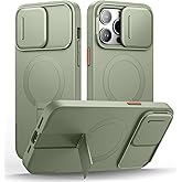SURITCH for iPhone 14 Pro Max Case with Magnetic Camera Slide Cover and Adjustable Kickstand, Compatible with MagSafe, Shockproof Bumper Case Slim Protective Cover 6.7 Inch, Green
