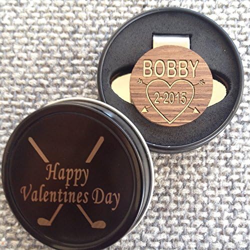 Personalized Wood Golf Ball Marker &amp; Hat Clip - Valentines Day Gift for Him, Husband, Wife, Boyfriend, Dad. Magnetized Hat Clip and Personalized Golf Ball Marker