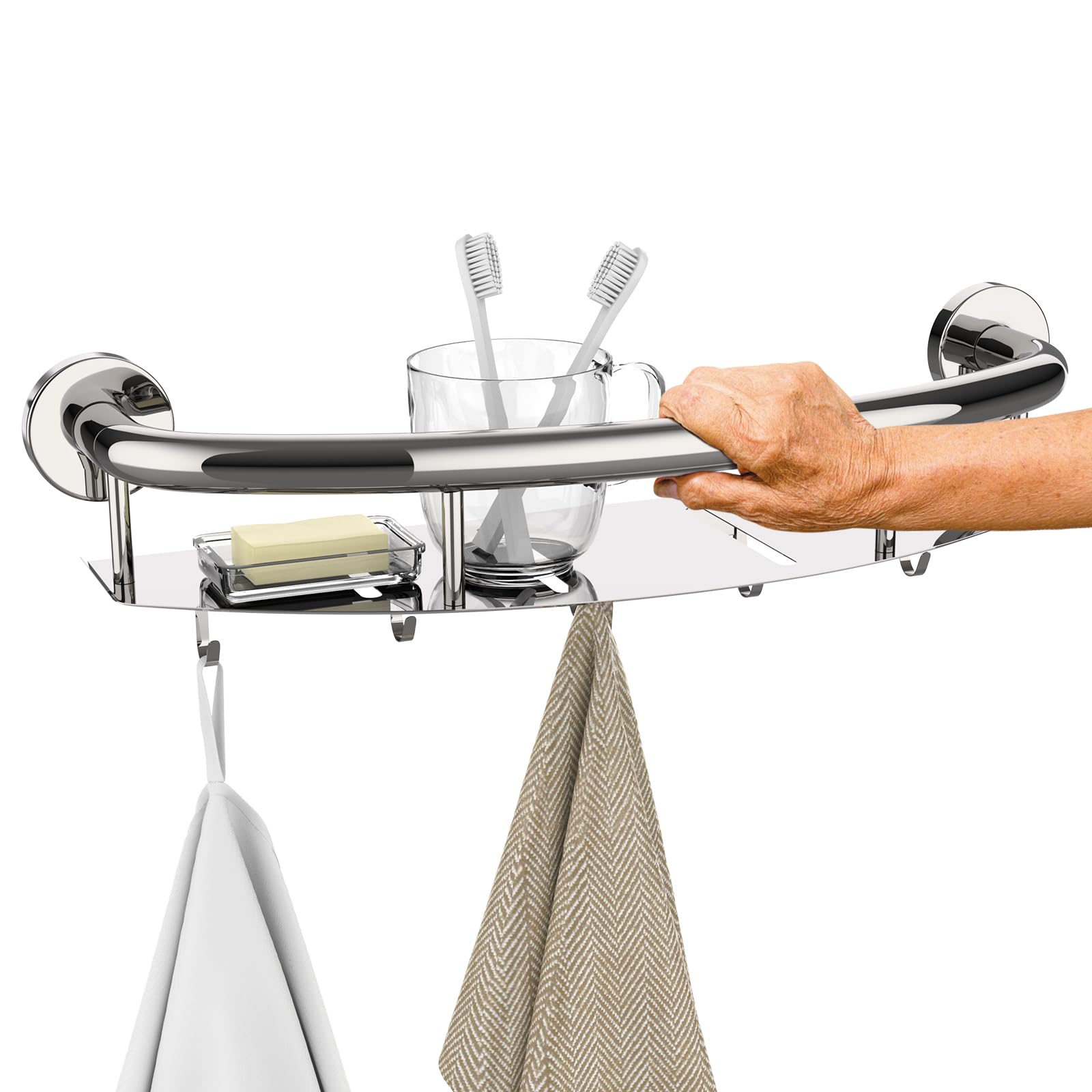 Photo 1 of 18 Inch Shower Grab Bar w/Storage Shelf, Munzong Chrome Stainless Steel 2 in 1 Bathroom Grab Bar, Wall Mount Balance Bar, Safety Hand Rail Support Handicap Elderly Injury Senior Assist Bath Handle