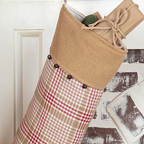 Piper Classics Red and Tan Plaid & Burlap Christmas Stocking w/Jingle Bells, 12" x 20", Country Farmhouse Holiday Decor
