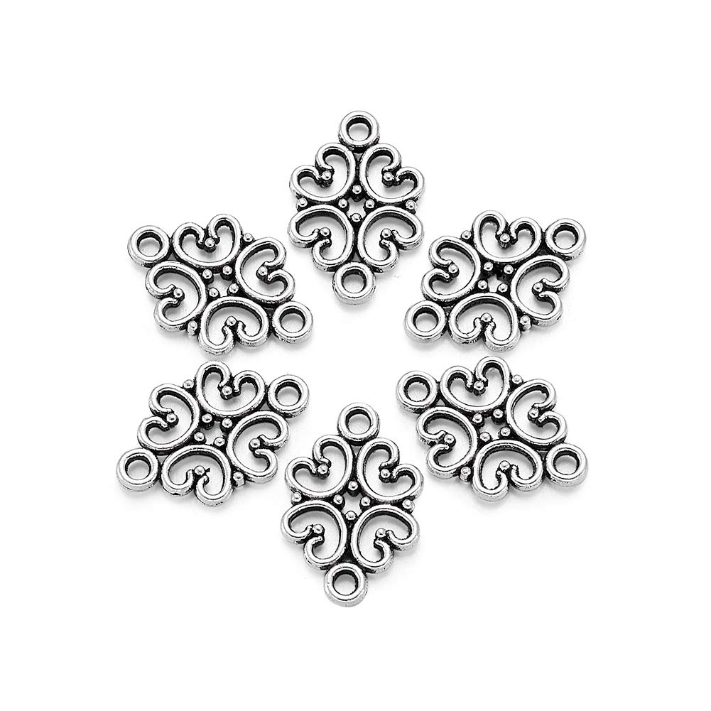 PandaHall 50pcs Antique Silver Hollow Flower Links Connectors Metal Filigree Link Charms for Necklace Bracelet Making