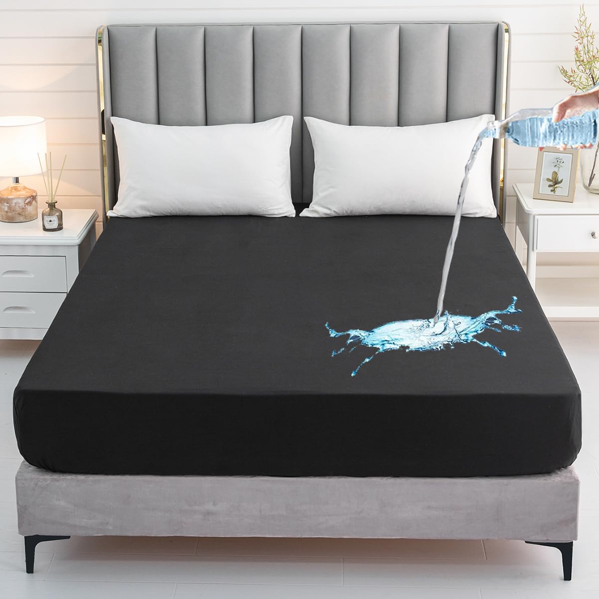 DuShow Waterproof Fitted Sheet Single Bed, Mattress Protector With Deep Pocket, Solid Bed Cover - 99 * 190