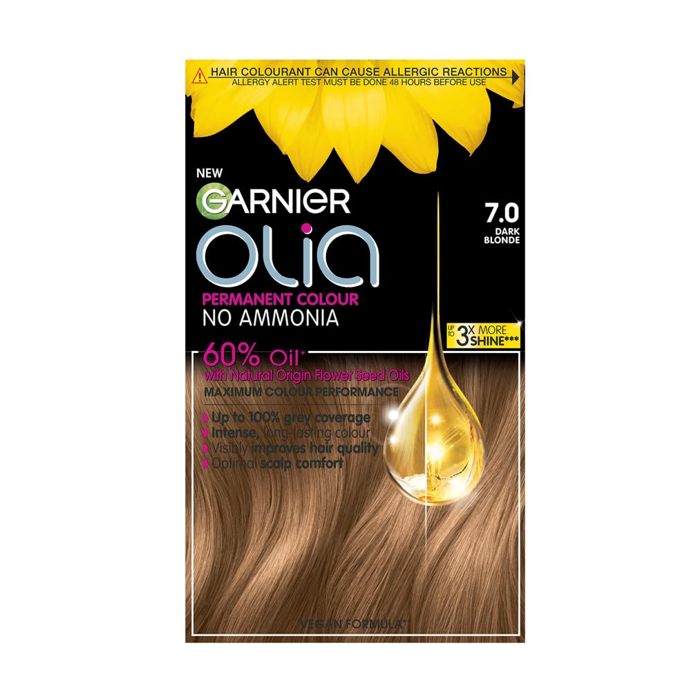 Garnier Olia 7.0 Dark Blonde, oil-powered, no-ammonia. 100% grey coverage. Luminous, long-lasting, vibrant dark blonde hair color with incredible shine and softness. โ image 1