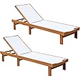 Tangkula Outdoor Wood Chaise Lounge Chair, Patio Chaise Lounger with 5-Position Adjustable Back, Eucalyptus Wood Reclining Lounge Chair with Breathable Fabric for Poolside Lawn Backyard (2, White)