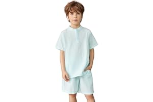 Arshiner Boy's 2 Pieces Cotton Linen Set Casual Henley Shirts Short Sleeve Beach Shorts Summer Outfits for 5-12 Years