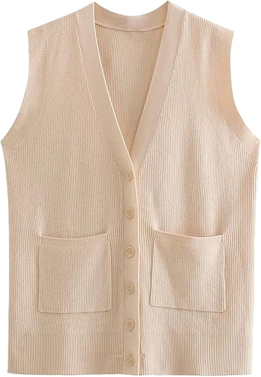 HAIRGAI Women Fashion with Pockets Loose Ribbed Knitted Vest Sweater
