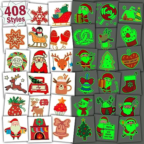 Partywind 408 PCS Glow Kids Christmas Tattoos for Party Supplies, Christmas Stocking Stuffers for Boys Girls Party Decorations, Xmas Holiday Goodie Bag Fillers (Individually Wrapped Sheets)