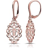 Hoops & Loops 925 Sterling Silver Filigree Swirl Spiral Dangle Leverback Earrings for Women, Silver, Yellow, Rose Gold and Black Flashed Sterling Silver