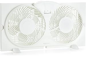 Amazon Basics Window Fans for Home Bedroom, Twin Heads, Cooling Airflow, Exhaust, Expandable Side Panel Basic Control, 2 Speeds, 68W, 9 inch, White