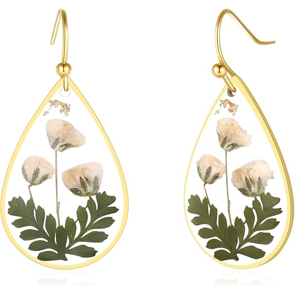 Pressed Flower Drop Earrings - Daisy & Queen Anne's Lace Resin Earrings With Hook, 7 Color Options