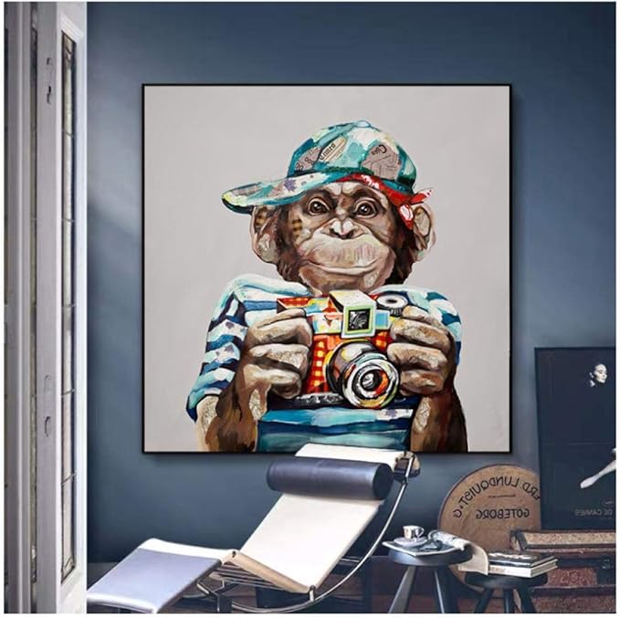 HDKSA Impresiones en lienzo Arte de la pared Mono con cámara Pintura de