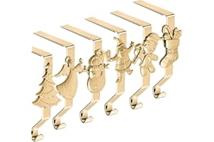 XENTUMI Gold Christmas Stocking Hooks - Set of 6, Reusable No-Damage Hangers for Fireplace Mantle and Christmas Decoration