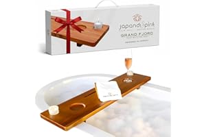 Grand Fjord | Teak Bathtub Tray for Large Soaking Tub | Extra Long 35” Luxury Bath Caddy for Freestanding Tubs | Minimalist Wooden Tub Tray with Candle Holders & Premium Towel by JapandiSpirit