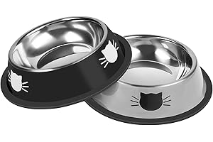 Serentive 2Pcs Cat Bowls Non-Slip Stainless Steel Small Cat Food Bowls Unbreakable Thicken Cat Feeder 7 Oz Cat Dishes Suitable for Indoor Small Pets Removable Rubber Base Easily Clean Lovely Color