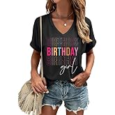 Happy Birthday V Neck Shirt for Women Funny Birthday Girl Graphic Tee Party Causal Letter Printed Tops